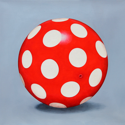 Annette von der Bey, red ball with white dots on blue