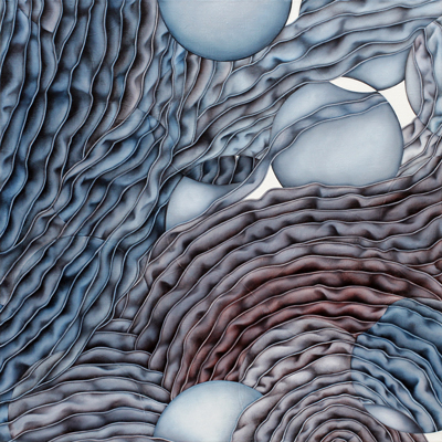 Annette von der Bey,ribbonspirals, blue and brown, bubbles