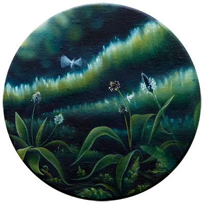 Annette von der Bey, dark meadow with feather ghosts