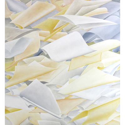 Annette von der Bey, leere Papierblätter fliegen quer durchs Bild
