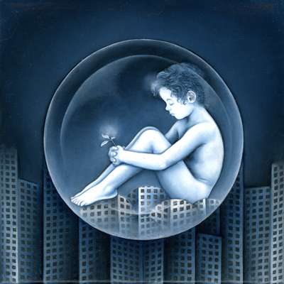 Annette von der Bey, child in a bubble on houses