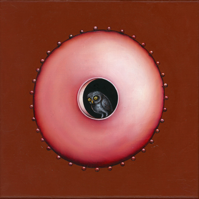 Annette von der Bey, pink owl lens against red