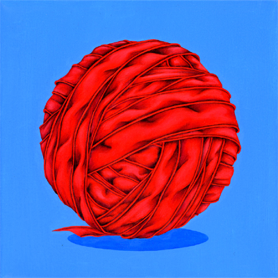 Annette von der Bey, red ball of ribbon on blue