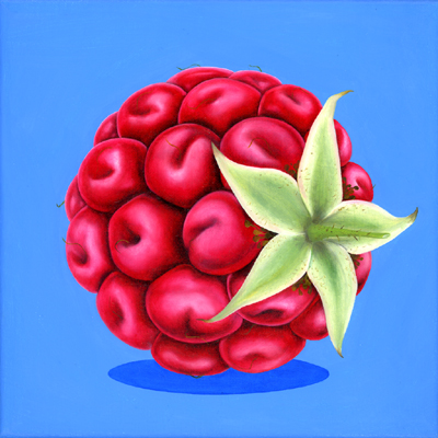 Annette von der Bey, raspberry on blue