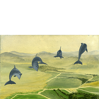 Annette von der Bey, 4 dolphins over a landscape