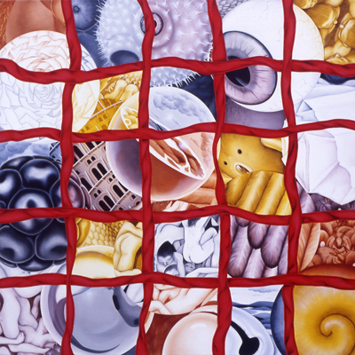 Annette von der Bey, balls, grid of ribbon