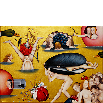 Annette von der Bey, vignettes on gold with red fruits