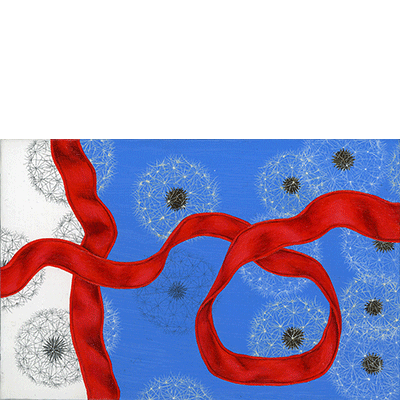 Annette von der Bey, Pusteblumen, rotes Band auf Blau